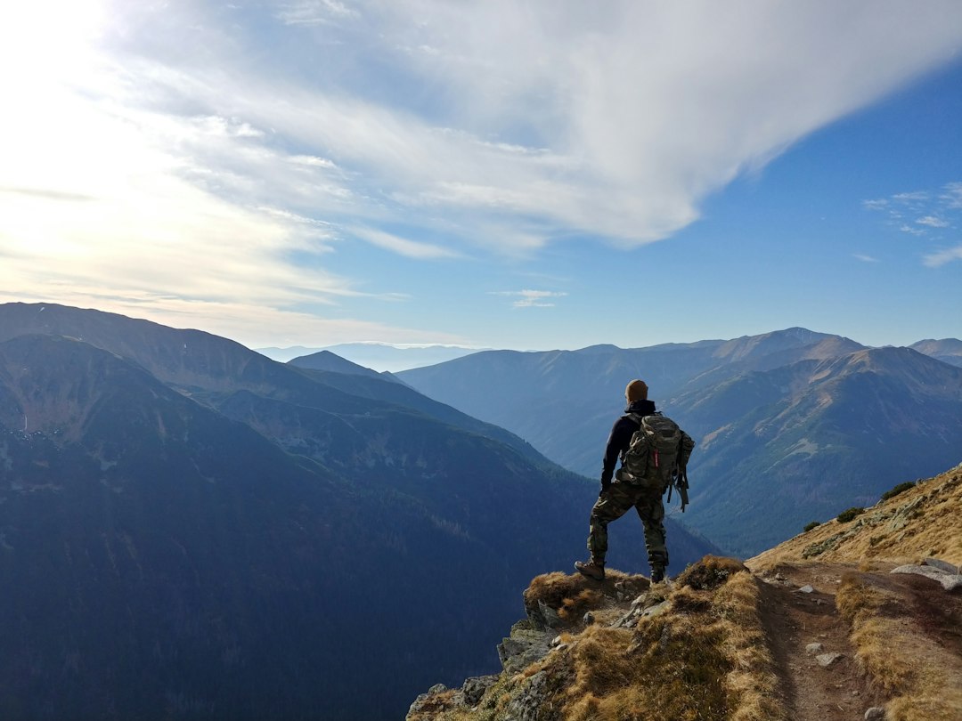 Htaking image of a solitary hiker, surrounded by towering mountains and dense forests, embarking on a winding, rugged trail that disappears into the horizon