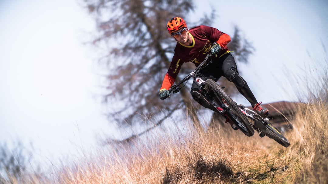 the exhilarating essence of mountain biking as a rider soars through a vibrant forest, surrounded by towering trees and lush foliage