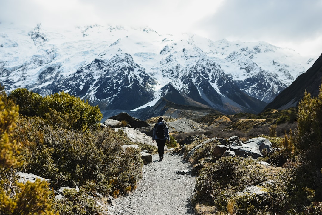 An image featuring a panoramic view of a lush, sun-drenched mountain range, dotted with hikers trekking along winding trails